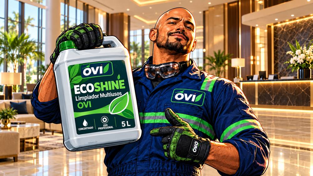 Mr. OVI con un galón de Ecoshine en el lobby de un hotel