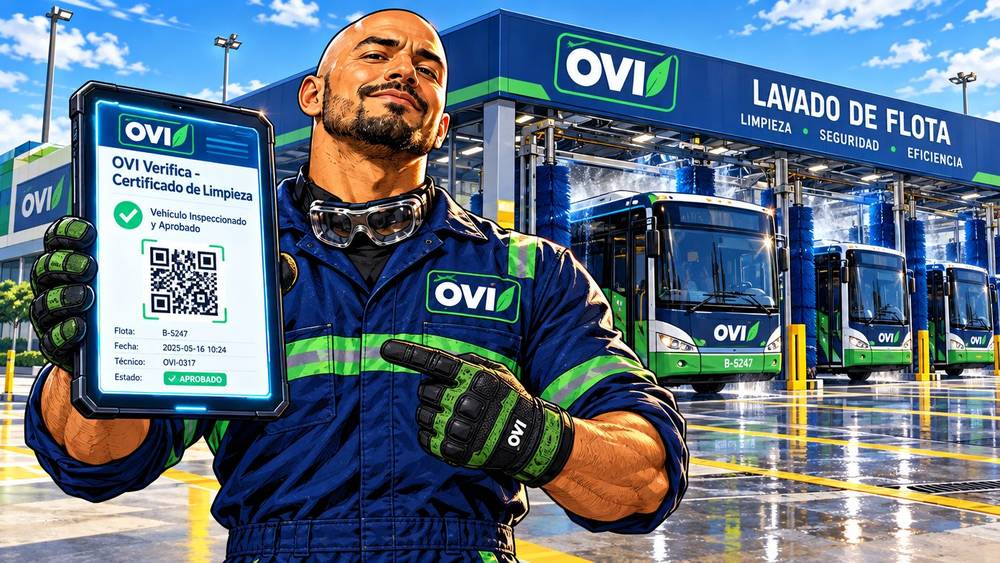 El héroe OVI mostrando un certificado OVI Verifica con código QR frente a buses lavados