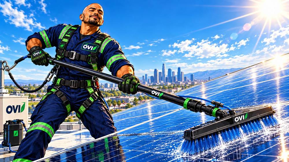 El héroe OVI limpiando paneles solares con arnés