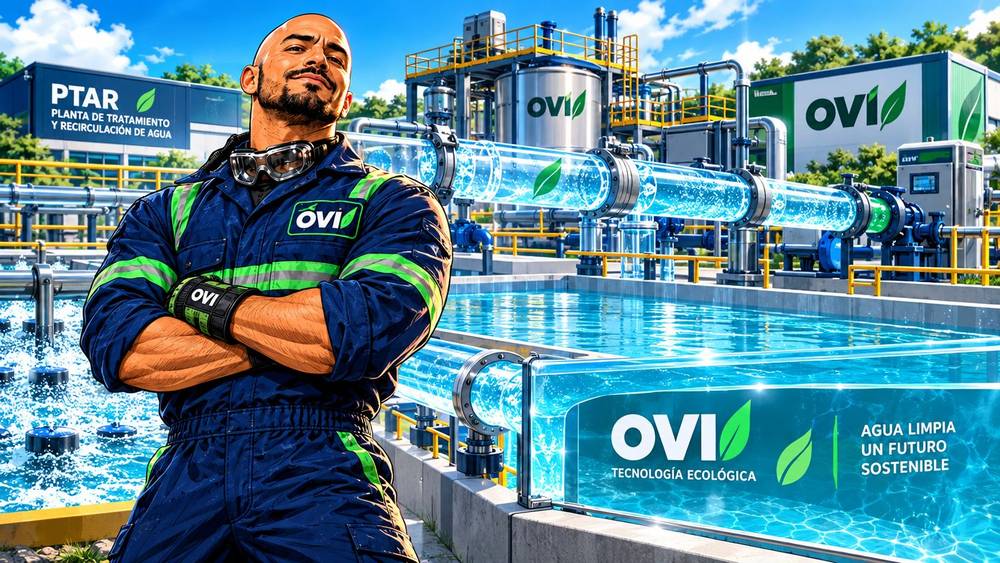El héroe OVI frente a una planta de tratamiento y recirculación de agua