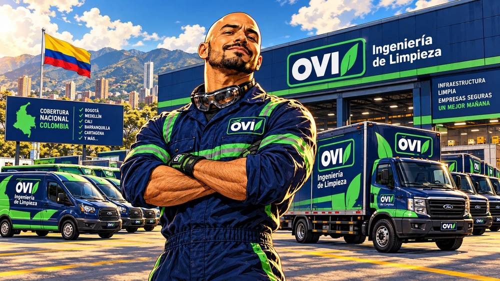 El héroe OVI frente a la sede y la flota de OVI en Colombia