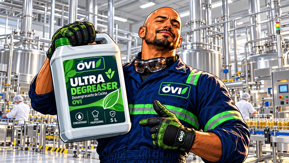 Mr. OVI con un galón de Ultra Degreaser en una planta de alimentos